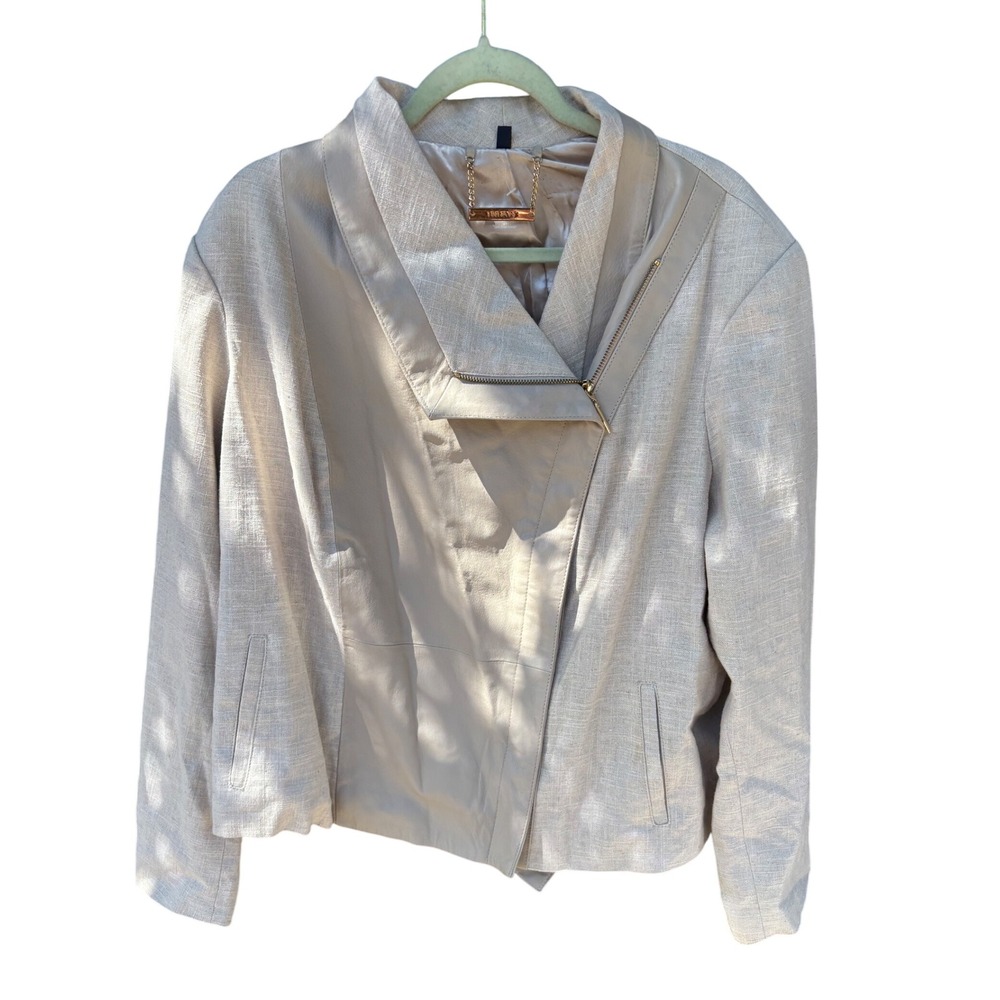 IMAN Global Chic 3X Jacket Blazer Tan Cream Linen‎ LeathervBlend Asymmetrical